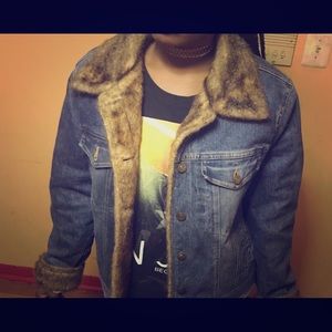 Denim faux fur lined jacket size XL